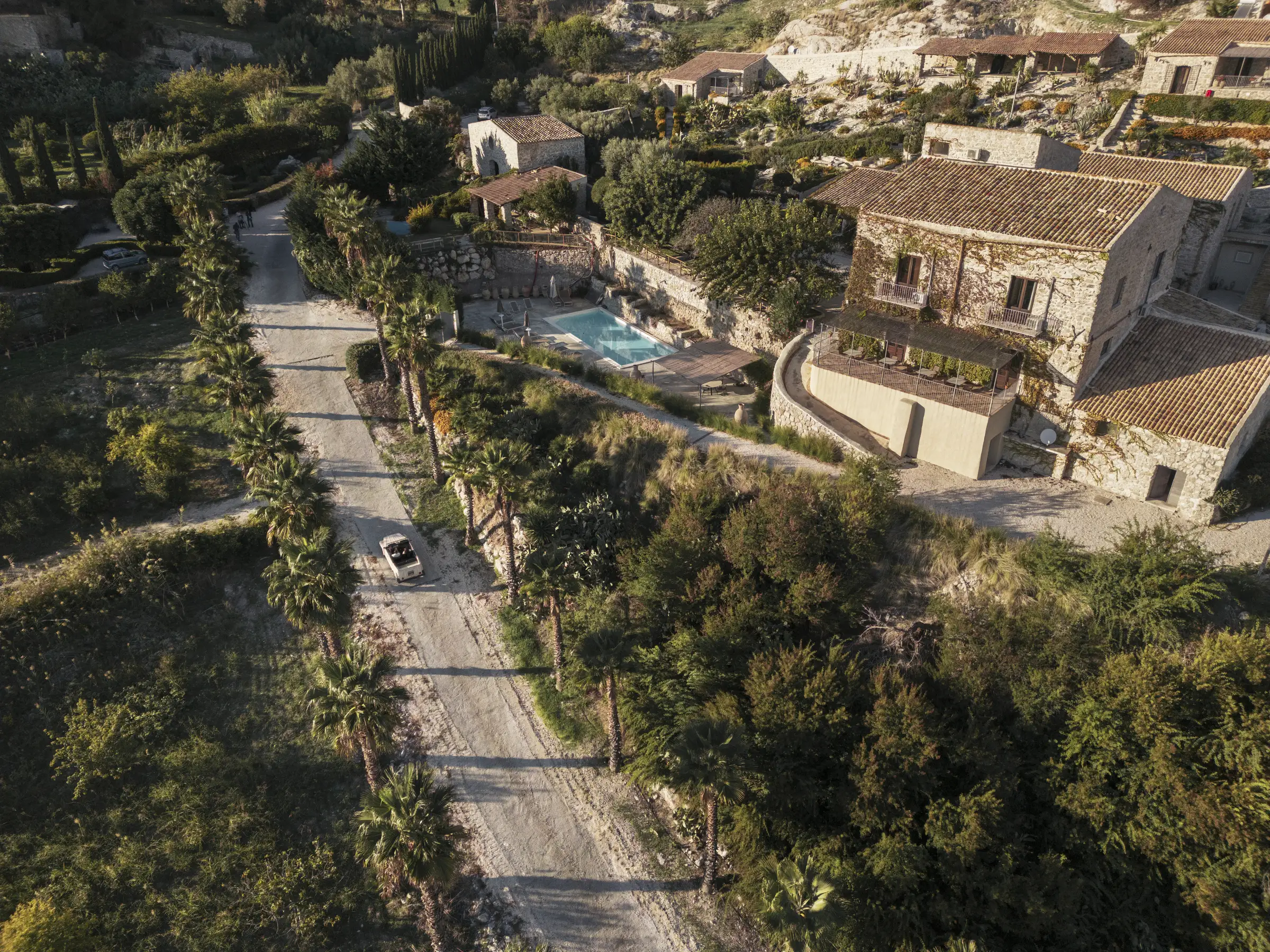 Vue aérienne de l'allée de palmiers et de la piscine de la masseria