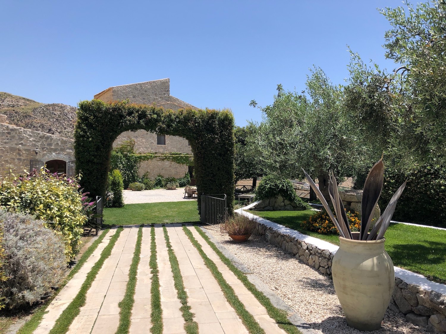 Giardino con arco verde e ulivi