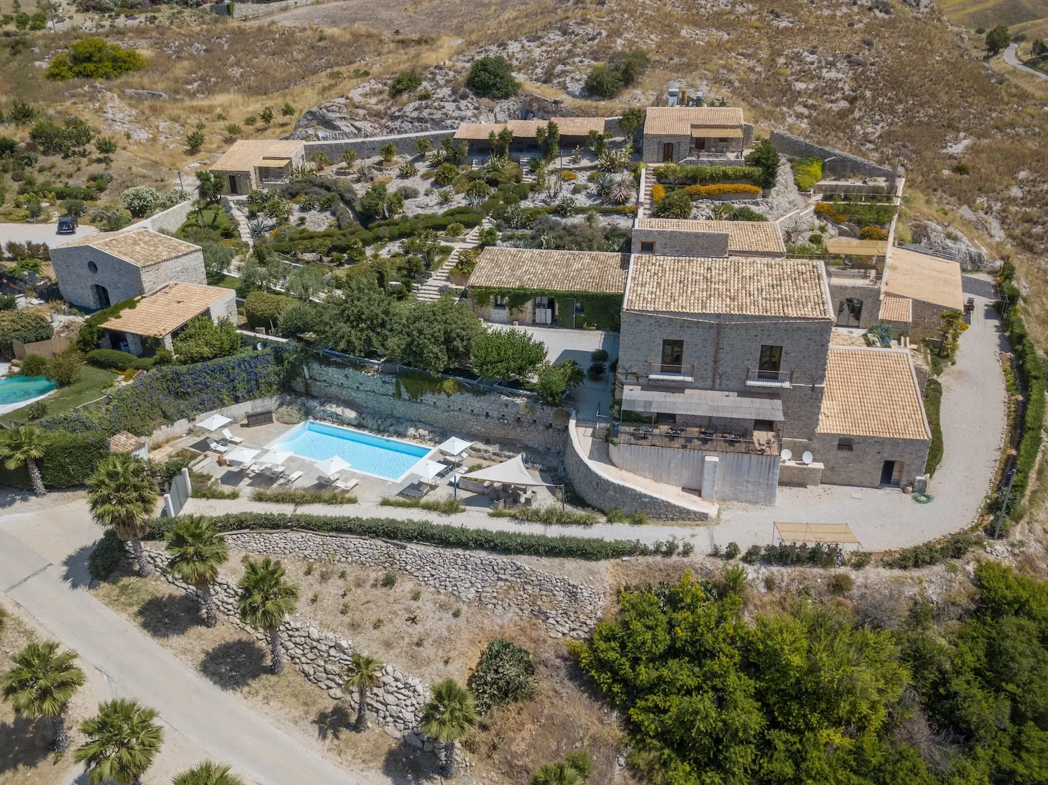 Aerial panorama of the wedding venue in Realmonte among olive trees and the Agrigento countryside